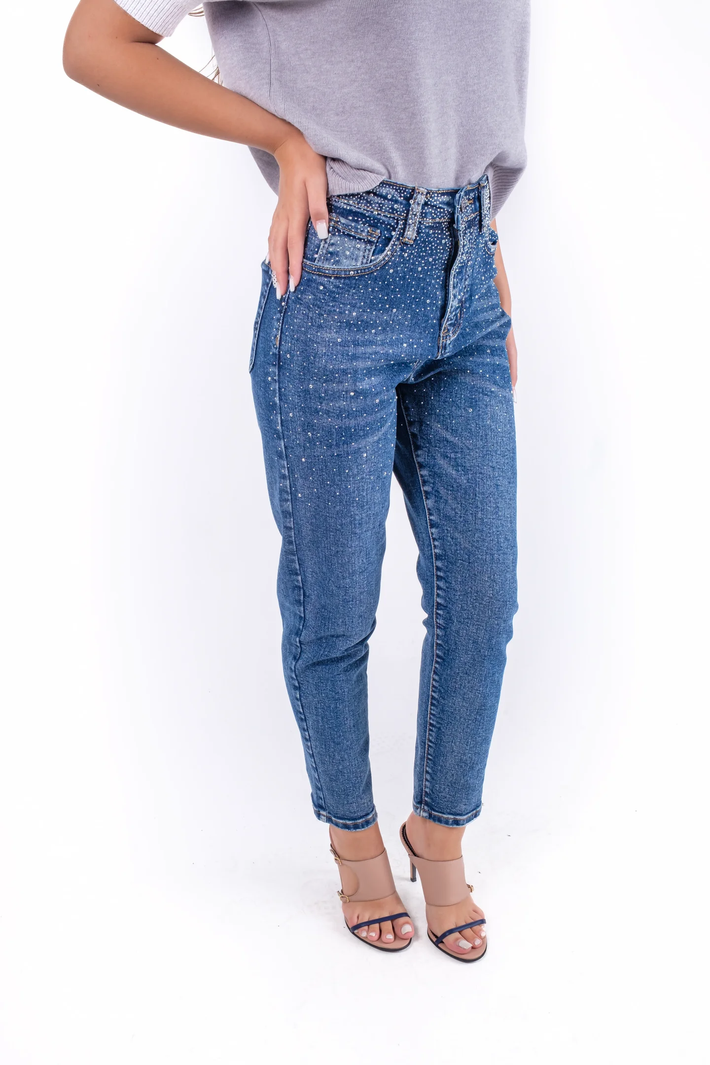 Blugi regular din denim cu pietre decorative [3]