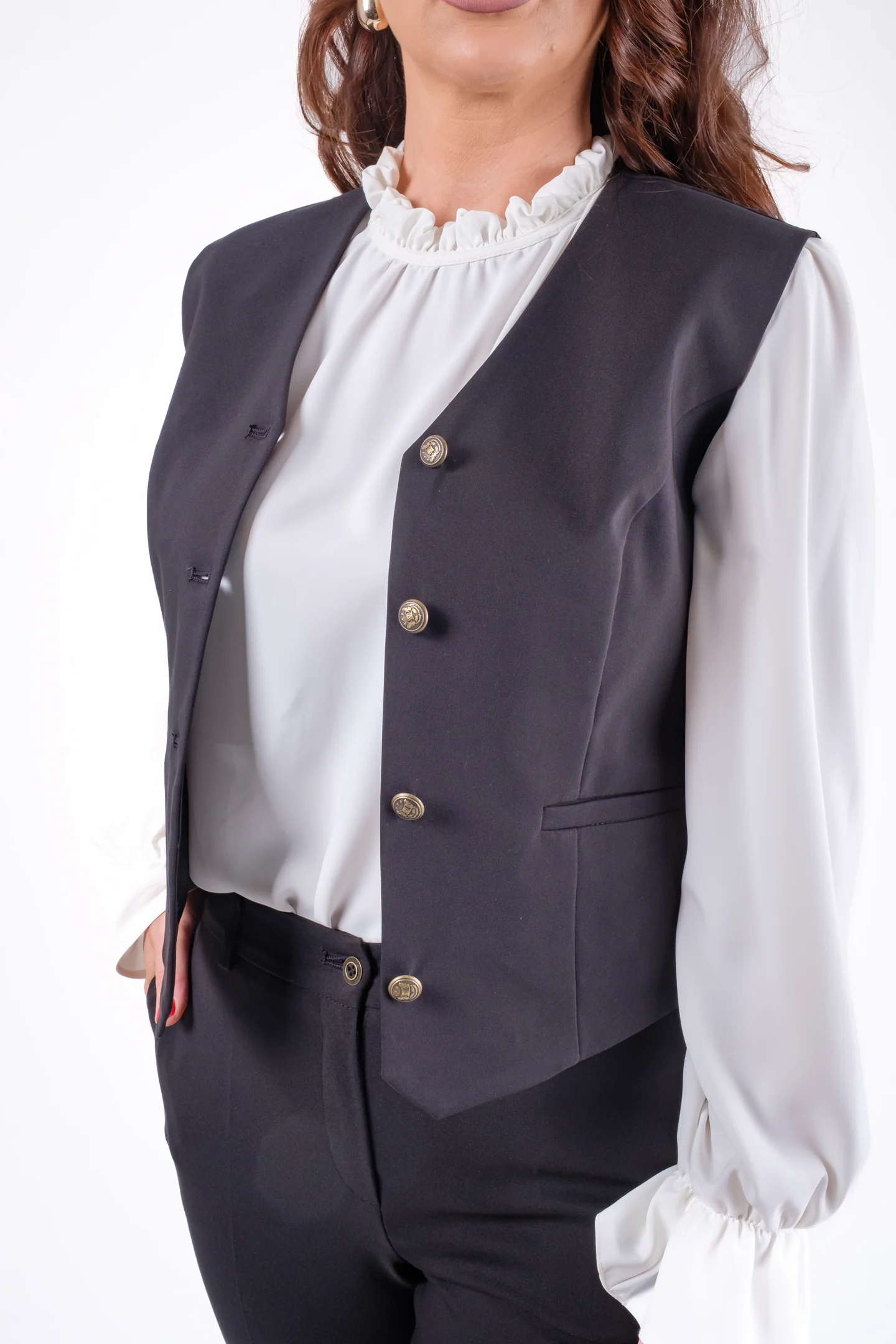 Costum negru damă cu vestă și pantaloni evazați [5]