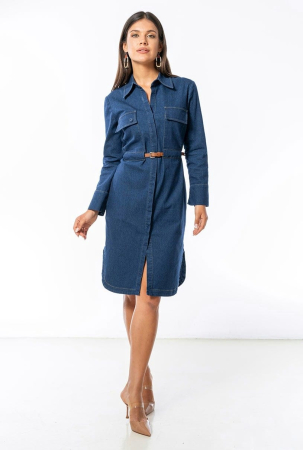 ROCHII - Rochie midi tip camasa din denim cu curea in talie