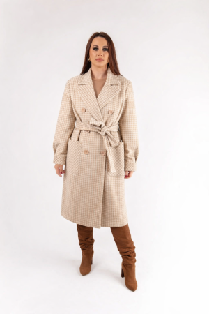Paltoane lungi - Palton dama bej cu cordon – croi drept elegant