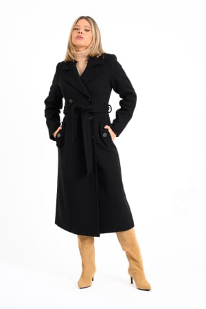 Paltoane lungi - Palton lung negru dama cu cordon si croiala cambrata