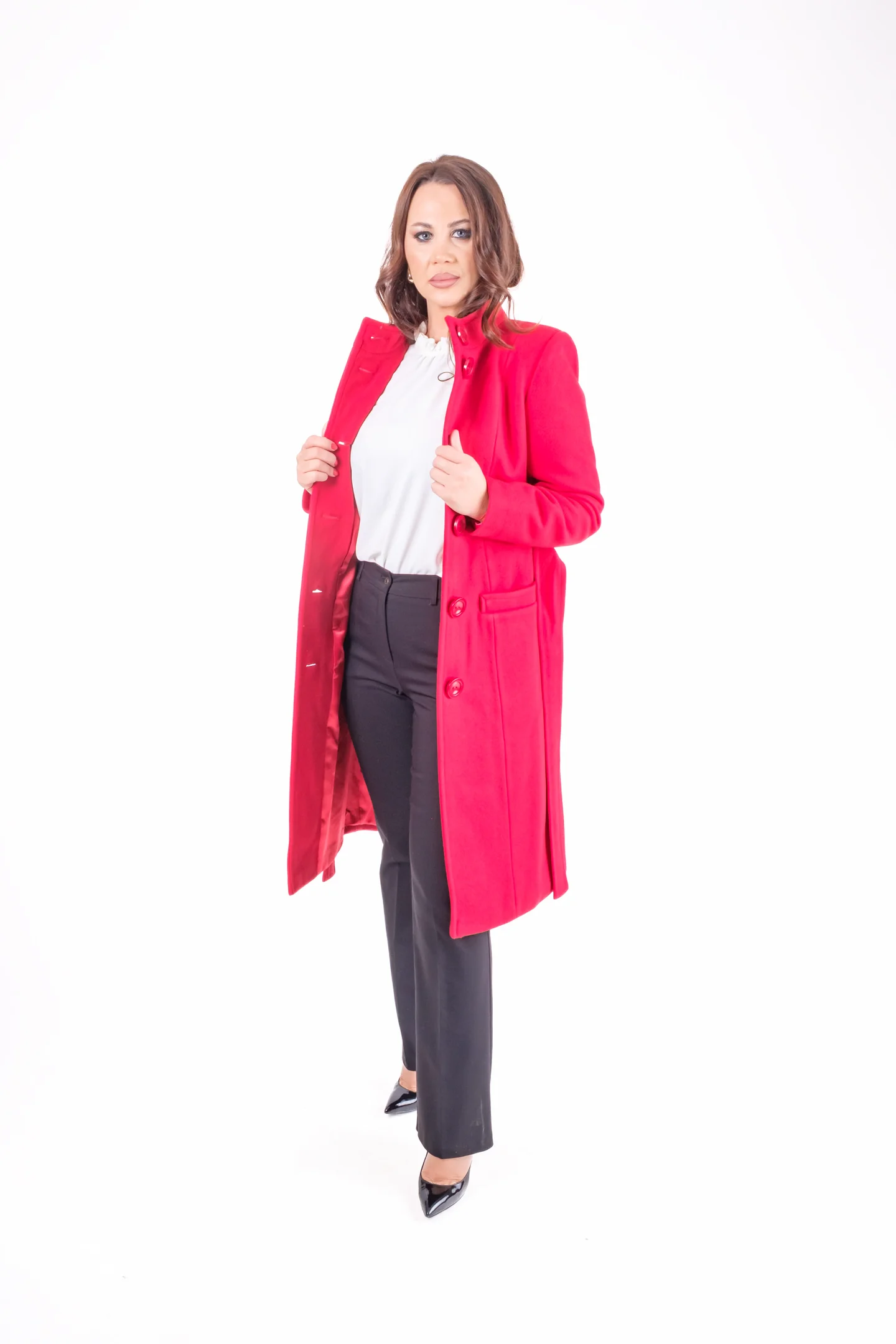 Palton roșu damă cu nasturi și cordon în talie [4]