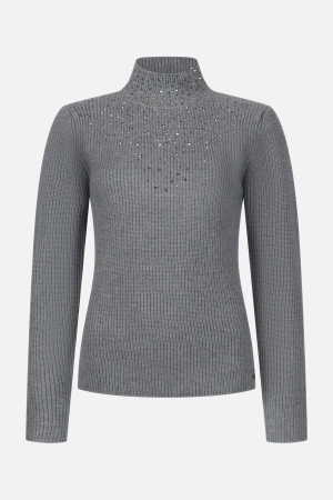 TRICOTAJE - Pulover dama gri cu guler inalt si aplicatii de margelute