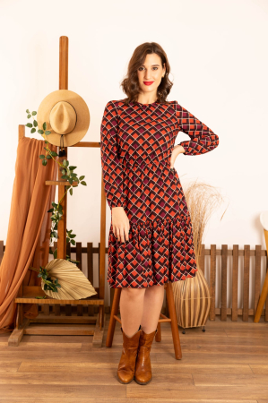 Rochii de zi - Rochie casual bordo cu imprimeu geometric si volan amplu