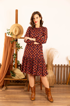 Rochie casual bordo cu imprimeu geometric si volan amplu [2]