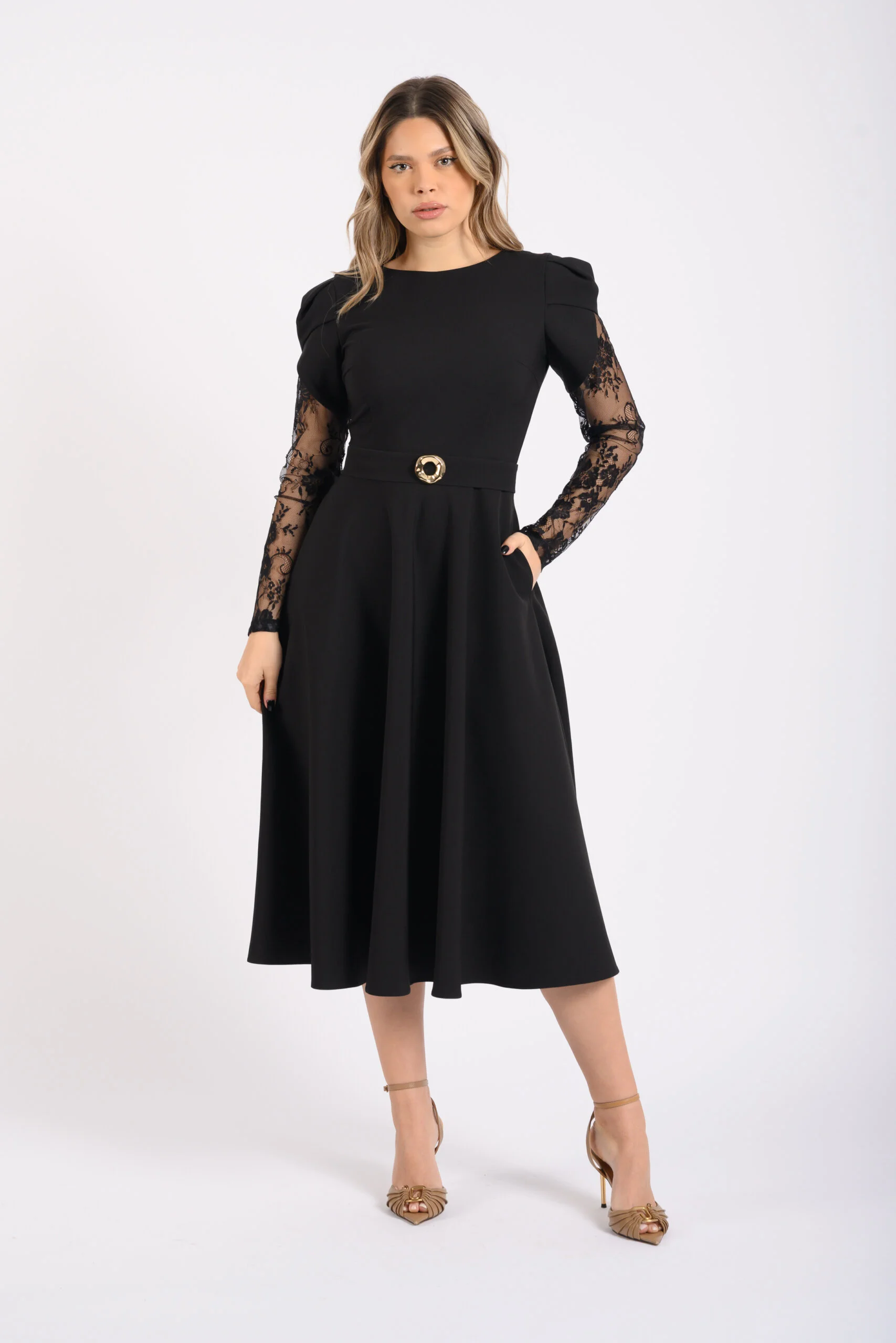 Rochii de ocazie - Rochie clos cu buzunare si maneci dantela Chantilly