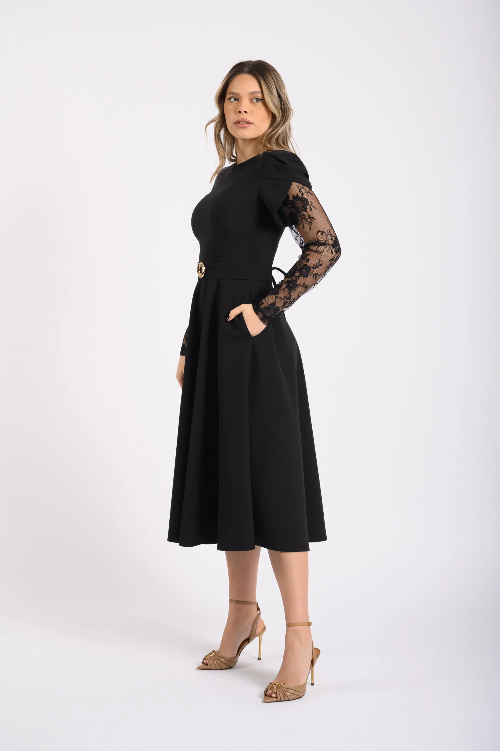 Rochie clos cu buzunare si maneci dantela Chantilly [2]