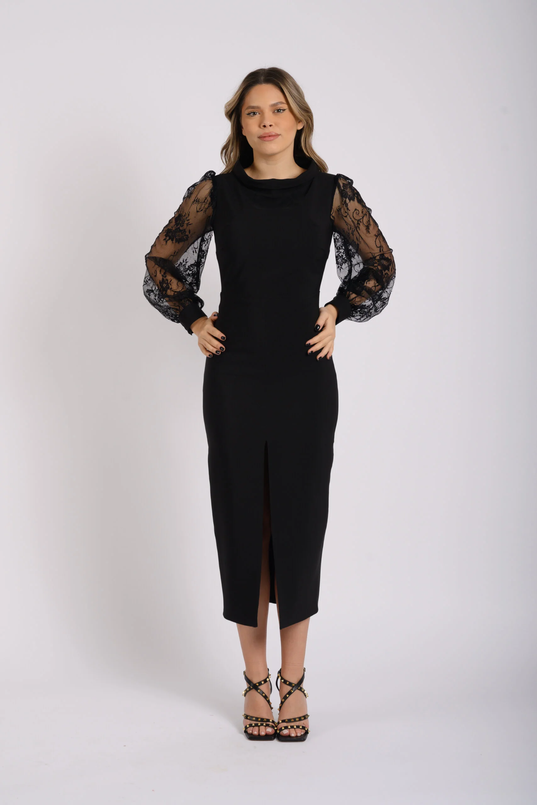 Rochii de ocazie midi - Rochie conica dreapta cu maneci din dantela