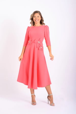 Rochii de ocazie midi - Rochie eleganta midi din stofa cu flori aplicate si detalii stralucitoare