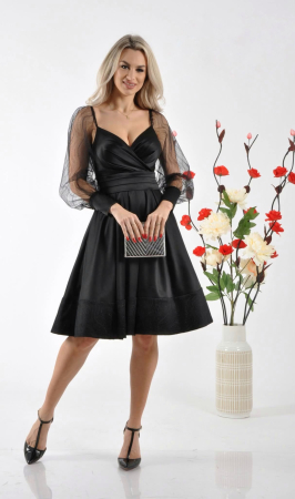 Rochii de ocazie midi - Rochie eleganta neagra cu maneci din tull