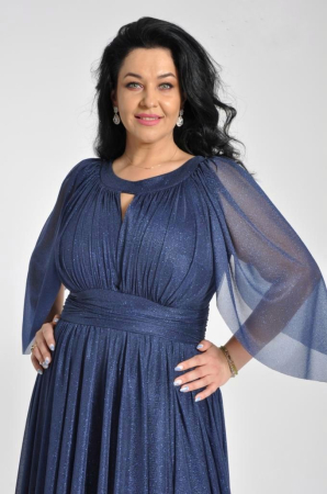 Rochie lunga bleumarin din voal cu fir stralucitor si maneca evazata [1]