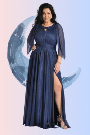 Rochie lunga bleumarin din voal cu fir stralucitor si maneca evazata [3]