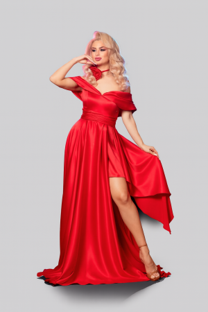 Rochii de ocazie lungi - Rochie lunga de seara din satin cu umeri cazuti si detaliu floral la gat