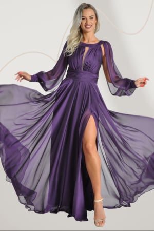 Rochii de ocazie lungi - Rochie lunga mov din voal cu deschidere laterala si maneci vaporoase