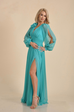 Rochie lunga  turcoaz din voal cu floare aplicata si maneci vaporoase [2]