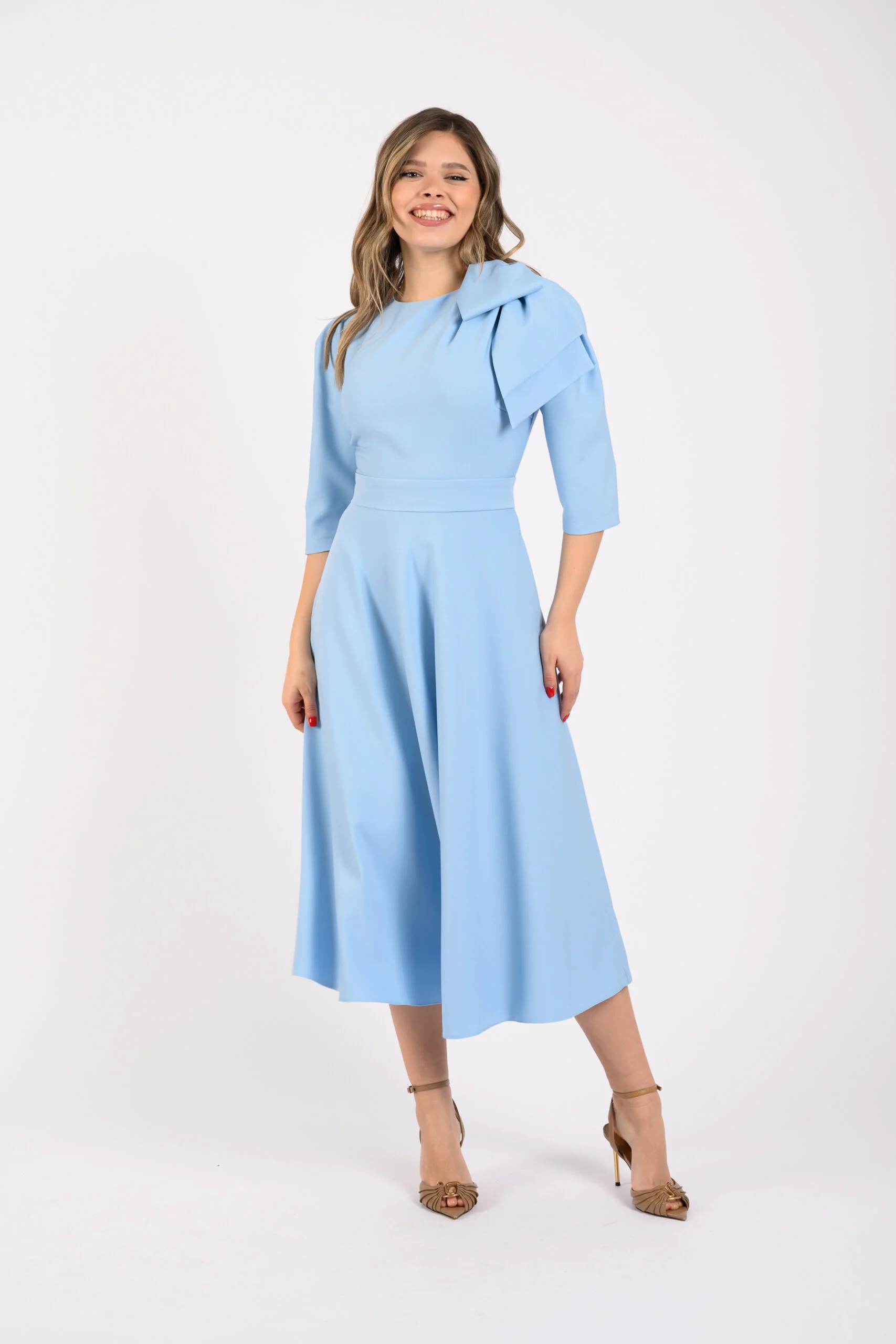 Rochii de ocazie - Rochie midi clos cu detaliu pe umar si cordon in talie