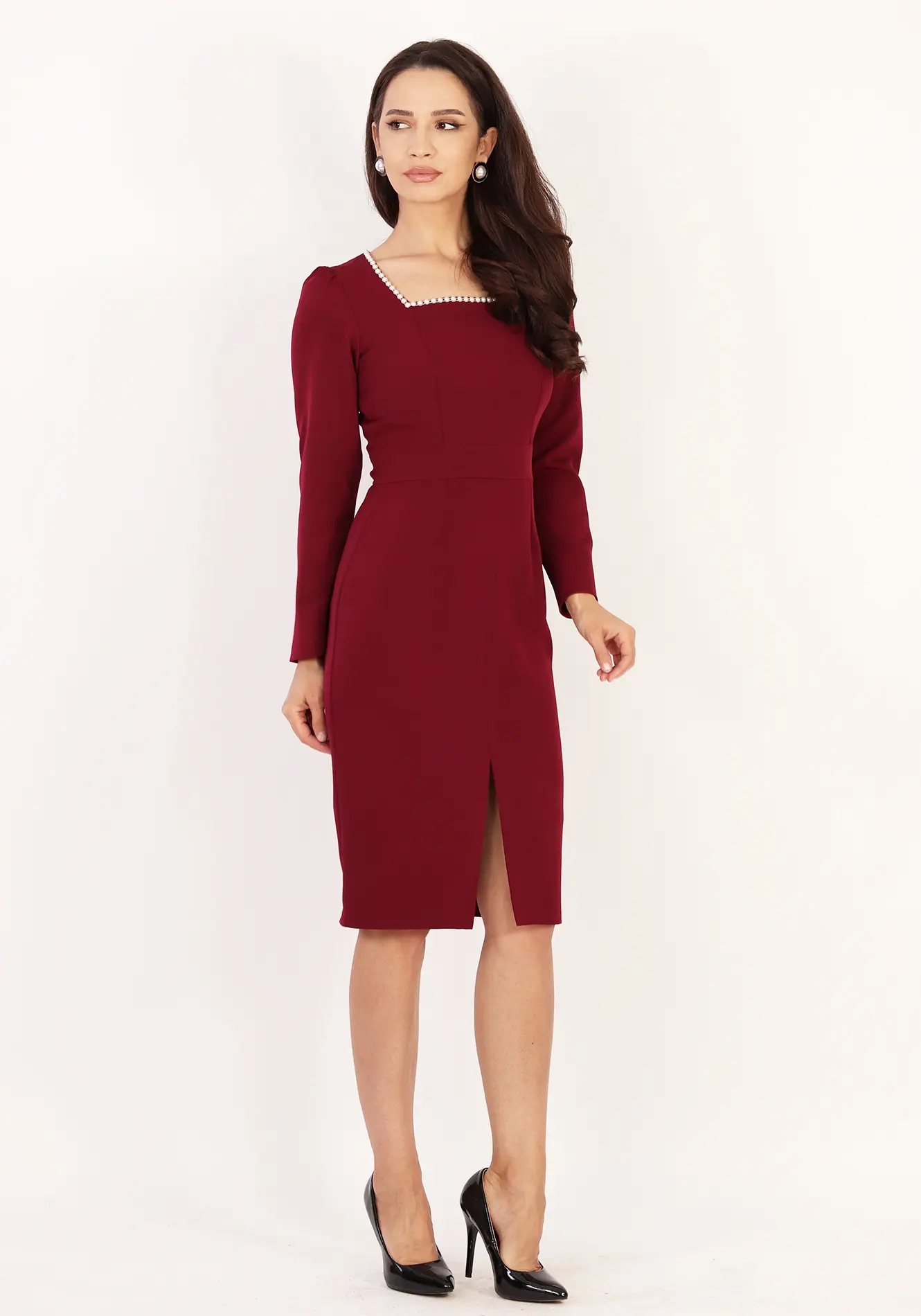 ROCHII - Rochie midi eleganta cu decolteu patrat si detalii perle