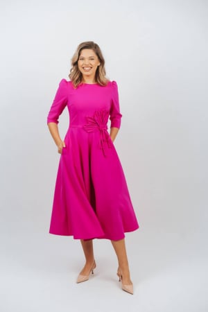 ROCHII - Rochie midi fuchsia cu detaliu decorativ in talie