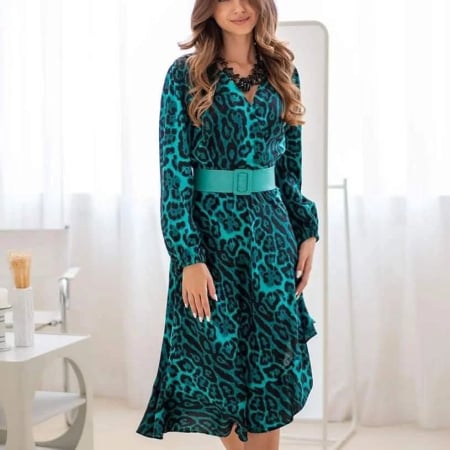 ROCHII - Rochie midi verde cu animal print si maneci bufante