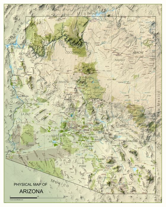 Arizona physical map, shaded relief effect [2]