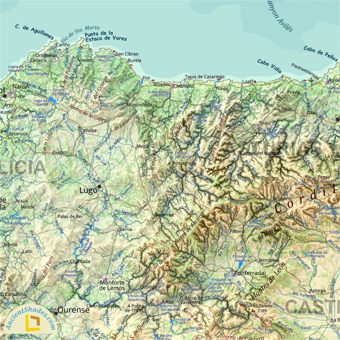 Summer style physical map of Spain highlighting shaded relief and topography [4]