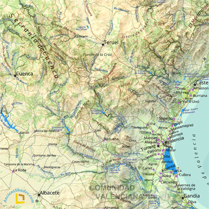 Summer style physical map of Spain highlighting shaded relief and topography [3]