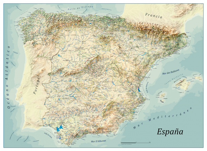 Vintage style relief map of Spain showing shaded terrain [2]