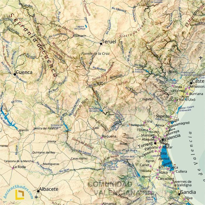 Vintage style relief map of Spain showing shaded terrain [3]