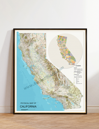 Country maps - California Warm Relief Map – Physical Mountain Range Poster