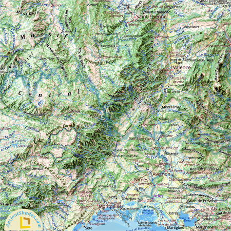 A warm-toned physical map of France with shaded relief effect. [4]