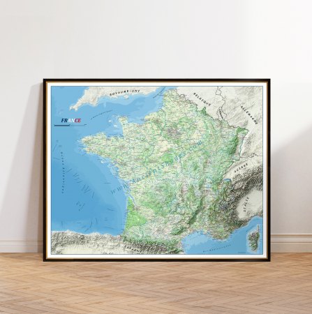 Country maps - A warm-toned physical map of France with shaded relief effect.
