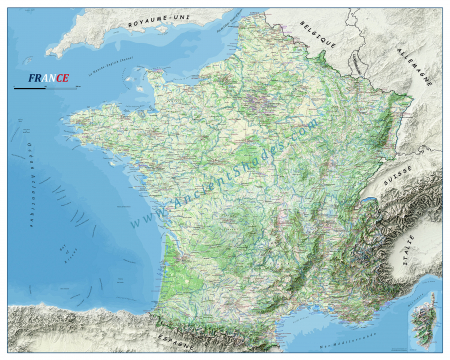A warm-toned physical map of France with shaded relief effect. [1]