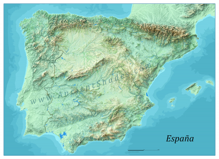 Minimalist physical map of Spain showing clean geographic relief in spring tones [1]