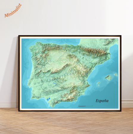 Country maps - Minimalist physical map of Spain showing clean geographic relief in spring tones