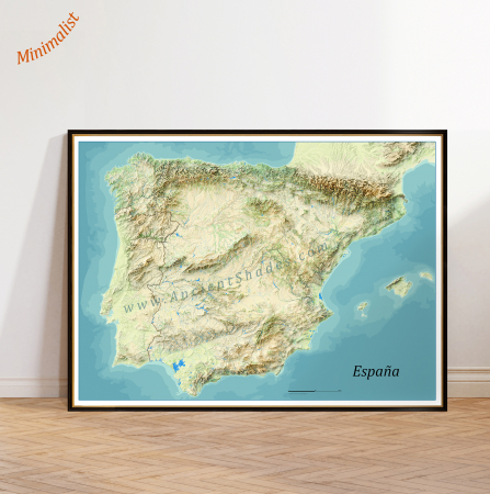 Country maps - Minimalist relief map of Spain, summer edition, with modern terrain design