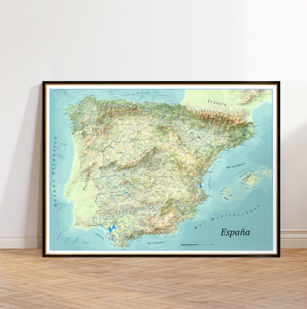 Country maps - Summer style physical map of Spain highlighting shaded relief and topography