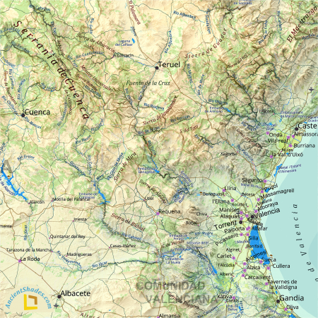 Summer style physical map of Spain highlighting shaded relief and topography [2]