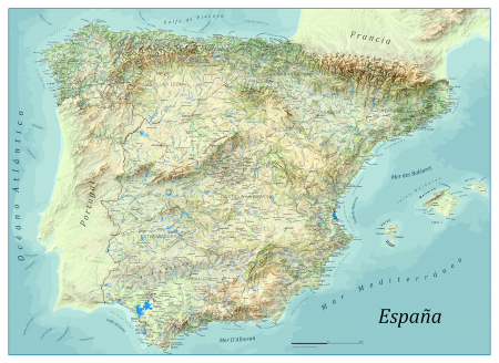 Summer style physical map of Spain highlighting shaded relief and topography [1]