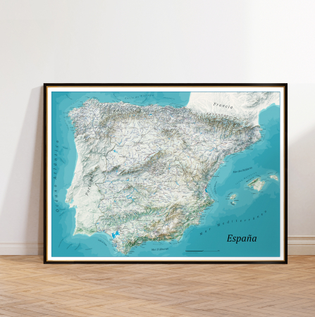 Country maps - Physical map of Spain in winter style with elevation and terrain details