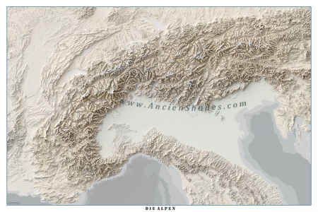A warm-toned shaded relief map of the Alps. [1]