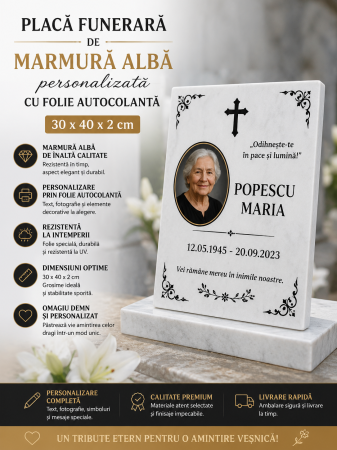 Funerare personalizate - Placă funerară de marmură albă personalizată cu folie autocolantă 30x40x2