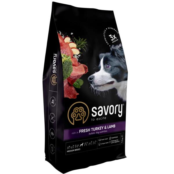 Hrană uscată completa Savory pentru câini de talie medie - cu carne proaspătă de curcan și miel, 12 kg [1]