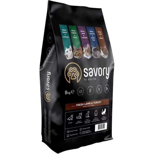 Hrană uscată completa Savory pentru pisici cu digestie sensibilă - cu carne proaspătă de miel și curcan, 8 kg [1]