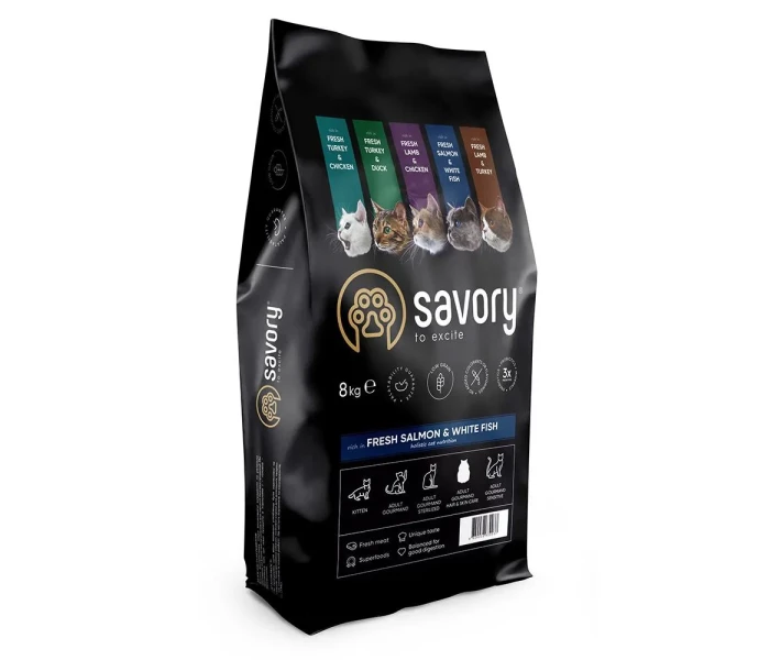 Hrană uscată completa Savory pentru pisici - cu somon proaspăt și pește alb, 8 kg [1]