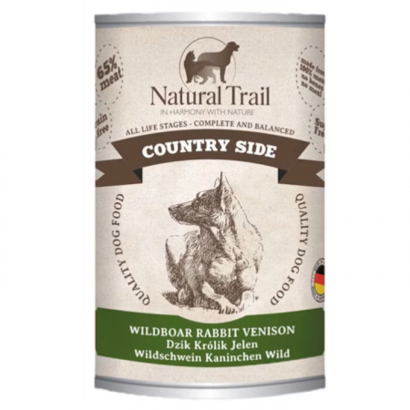 Hrana Pentru Caini - Hrana umeda completa Natural Trail pentru caini - cu carne de Mistreț cu iepure și vânat, 400g