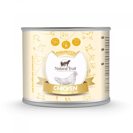Hrana Pentru Pisici - Hrană umedă hipoalergenă Natural Trail Monoprotein pentru pisici - cu carne de pui, 185 g