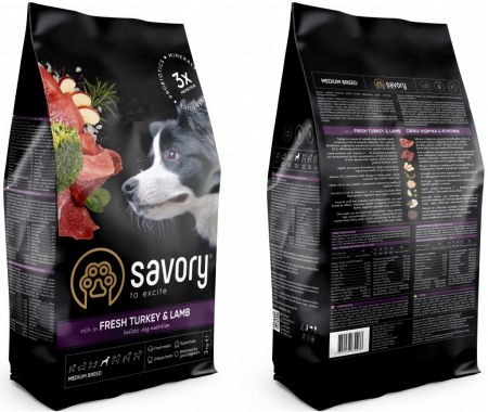 Hrană uscată completa Savory pentru câini adulți de talie medie - cu carne proaspătă de curcan și miel, 3 kg  [3]