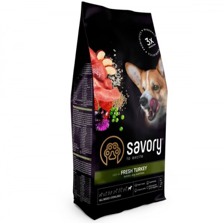 Hrana Uscata - Hrană uscată completa Savory Sterilised pentru câini de toate rasele - bogată în curcan proaspăt, 1 kg