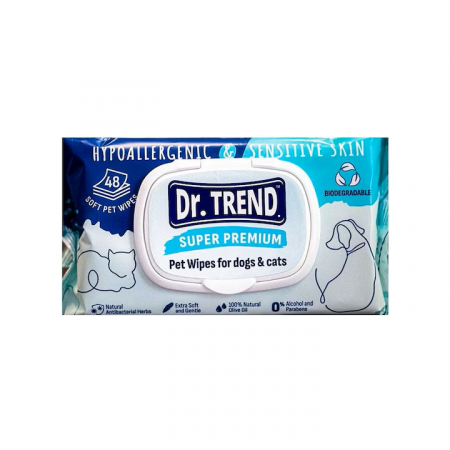 Igiena - Servetele umede Dr.Trend Super Premium biodegradabile pentru caini si pisici, 48 bucati