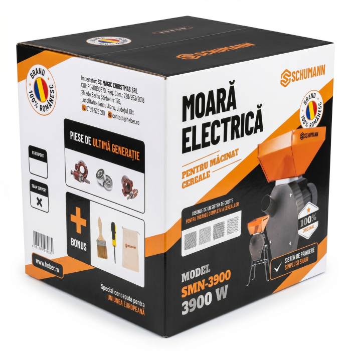 Moara electrica Heber®, 3.8 kw 3000 rpm motor 100% cupru, 300 kg/ora, cuva mare, 20 de ciocanele pentru cereale si stiuleti + sac, surubelnita, perie [2]